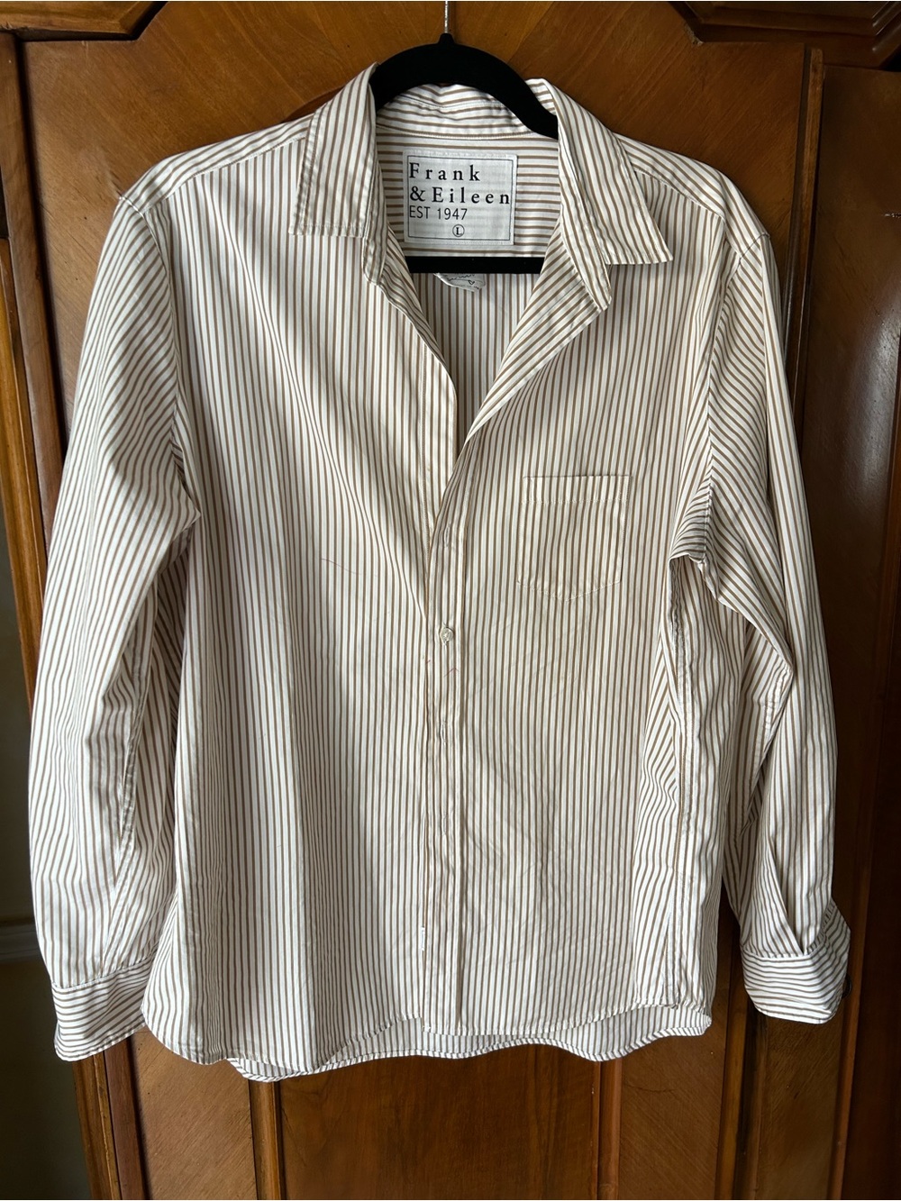 Frank & Eileen Ladies White and Brown Fine-Stripe Button-Down Shirt